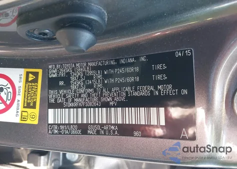 2015 Toyota Highlander Xle V6 from USA, damaged, VIN 5TDKKRFH7FS082643